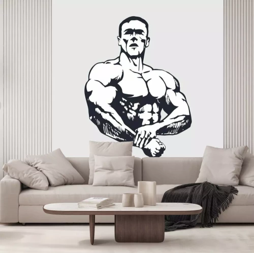 Sticker Eine Grafik mit der Silhouette eines Bodybuilders auf hellem Hintergrund