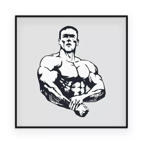 Poster Eine Grafik mit der Silhouette eines Bodybuilders auf hellem Hintergrund