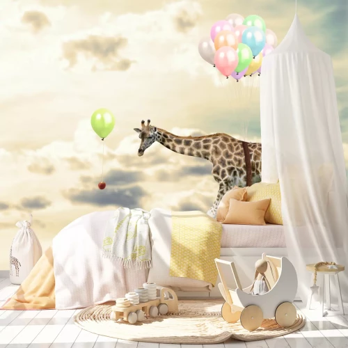 Fototapete Giraffe fliegt mit Luftballons