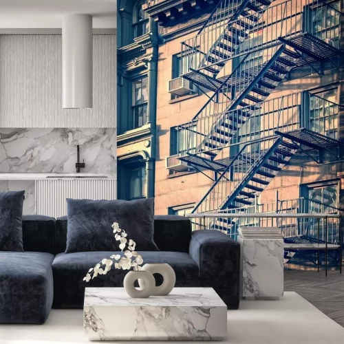 Fototapete Metallische Feuerleitern an einem Gebäude in New York