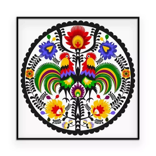 Poster Rundes Muster mit volkstümlichem Ornament mit Hähnen