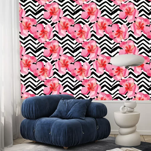 Tapete tropischen Hibiskus-Aquarell-Muster, Schwarzweiss-Hintergrund