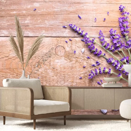 Sticker Lavendel auf Holz mit Kieselsteinen