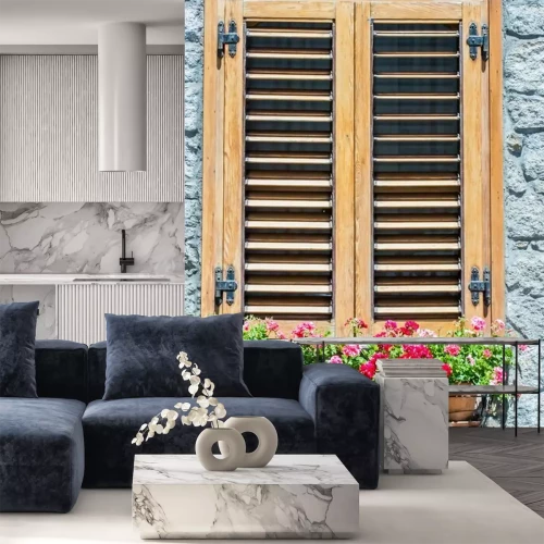 Fototapete Typical window of a  stone house with wooden shutters closed and