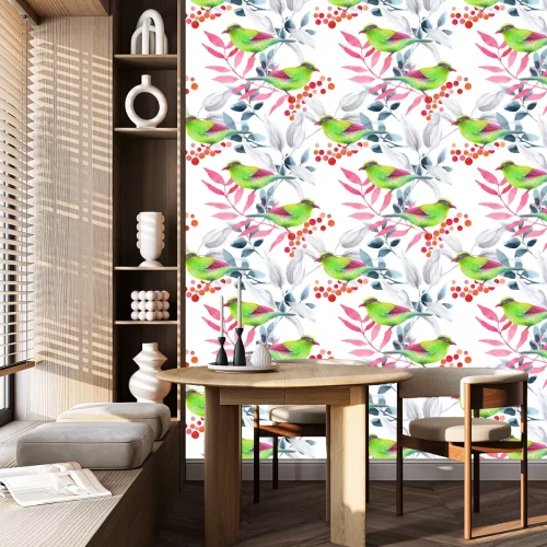 Tapete Grüne Vögel gegen vor einem Hintergrund roter Blätter