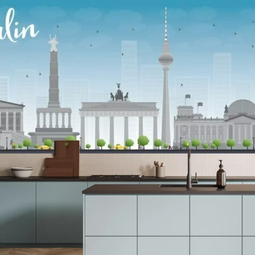Sticker Berlin skyline with grey building and blue sky.