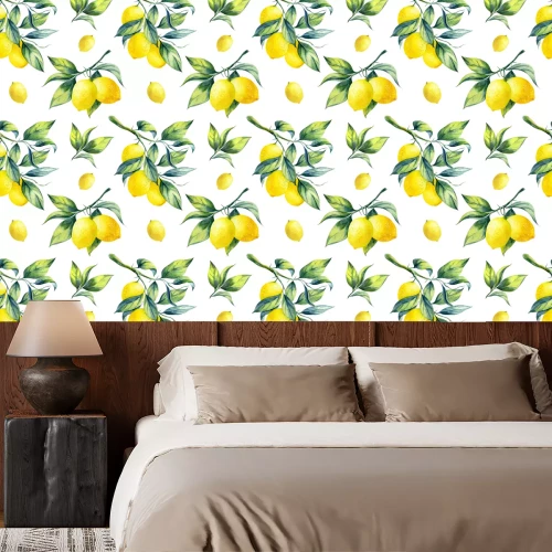 Tapete Aquarellzitronen mit Blättern auf weißem Hintergrund