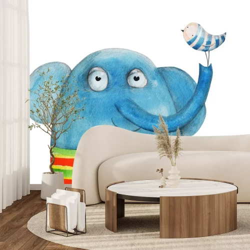 Sticker Blauer Elefant mit Vogel