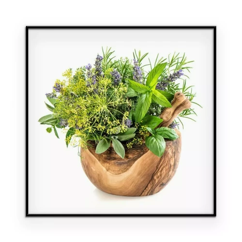 Poster Holzmörser mit aromatischen Kräutern und Gewürzen