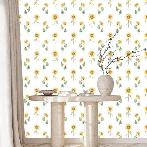 Tapete Retro-Sonnenblumen auf weißem Hintergrund