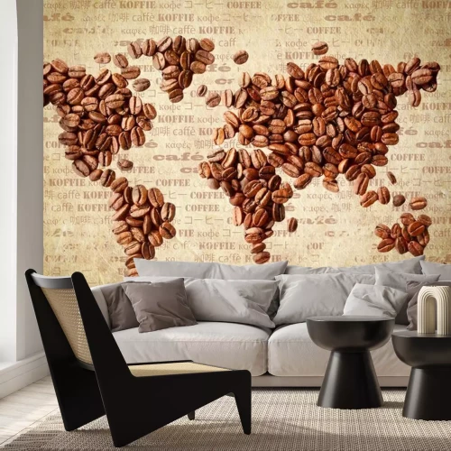 Fototapete Kaffee Bohnen in Weltkarte angeordnet