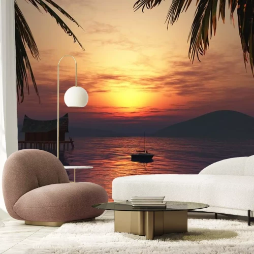 Sticker 3D-Rendering eines weiblichen Sonnenbades auf einem Boot in einer tropischen Landschaft