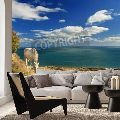 Fototapete Pferd mit meereslandschaft im hintergrund