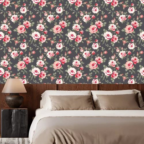 Tapete Rot bemalte Rosen auf dunklem Hintergrund im Shabby-Chic-Stil