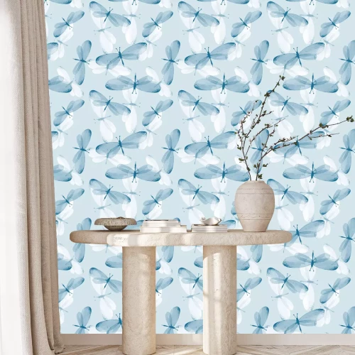 Tapete Weiße und blaue Schmetterlinge auf blauem Hintergrund