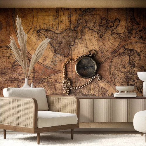 Fototapete Veraltete Weltkarte mit Kompass