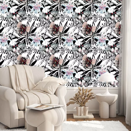 Tapete Schmetterlinge und Blumen auf schwarz-weißem Hintergrund