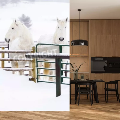 Fototapete Schneebedeckte pferde auf dem bauernhof