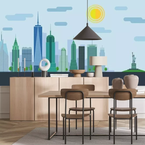 Sticker The landscape of skyscrapers of New York City with the statue of liberty. Vector flat illustration .