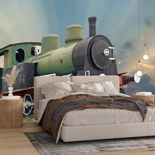 Sticker alte Dampfmaschine Lokomotive Zug auf schönen Himmel Hintergrund