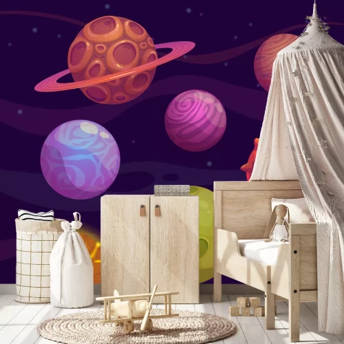 Fototapete Cartoonplaneten auf violettem Hintergrund