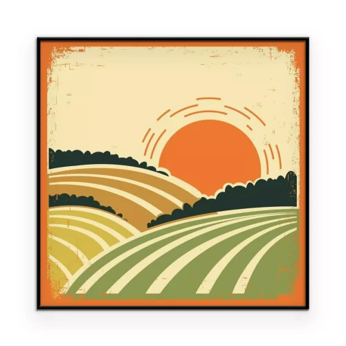 Poster Eine ländliche Landschaft mit Feldern im Retro-Stil