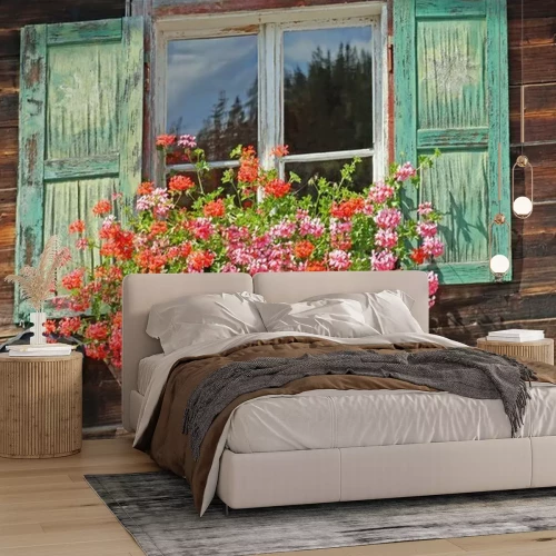 Fototapete Holzfenster mit Fensterläden und Blumen
