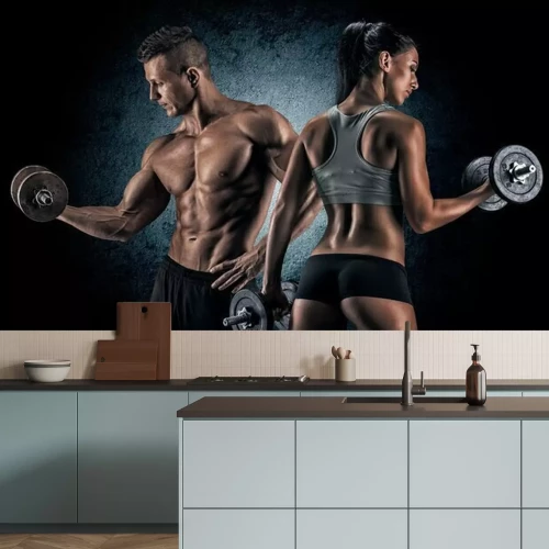 Fototapete Frau und Mann mit Hanteln