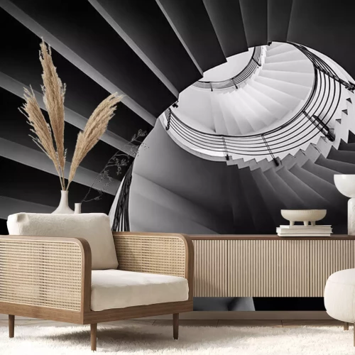 Fototapete Schwarzweiss-Fotografie der spiralförmig Treppe erschossen von einem niedrigen Winkel.