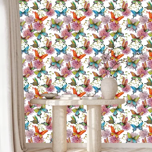 Tapete Bunte Schmetterlinge und rosa Blumen