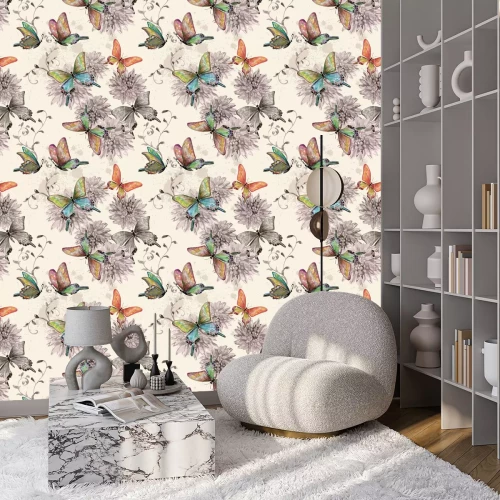 Tapete Schmetterlinge und Blumen im Retro-Stil