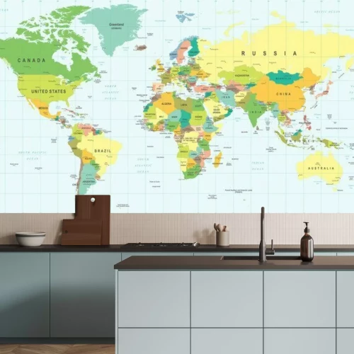 Fototapete Detaillierte farbige Weltkarte mit geografischem Raster