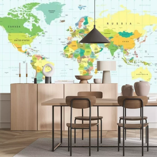 Fototapete Detaillierte farbige Weltkarte mit geografischem Raster