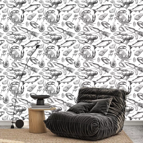 Tapete Bewohner des Meeres Muster schwarz und weiß