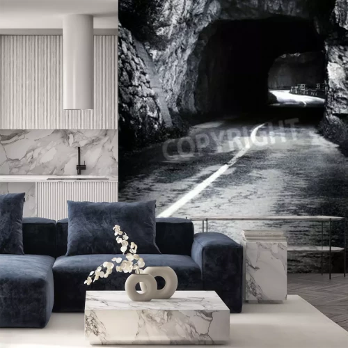 Fototapete Schwarz-weißer Tunnel im Felsen