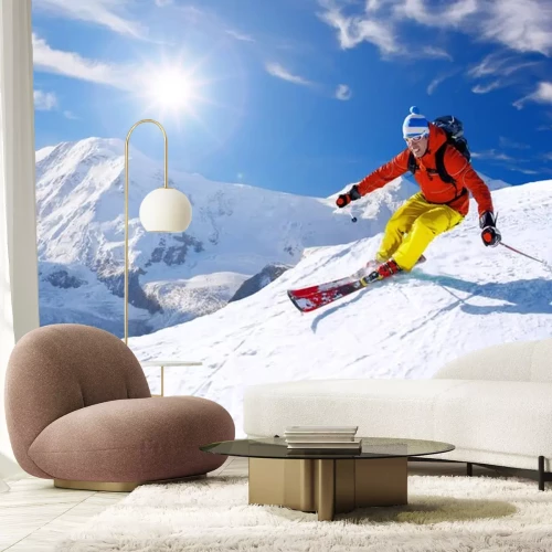 Sticker Skifahrer Ski-Abfahrt in den hohen Bergen gegen den blauen Himmel