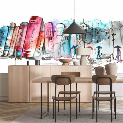 Fototapete Bunte Bücher und eine Stadtskizze mit Menschensilhouetten