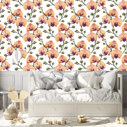 Tapete Nahtloses Weinlesemuster mit Aquarellorchideenblumen