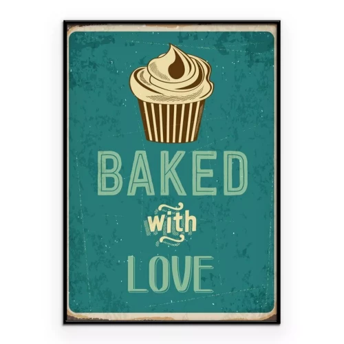 Poster Vintage-Grafik mit einem Cupcake und dem Schriftzug „Mit Liebe gebacken“