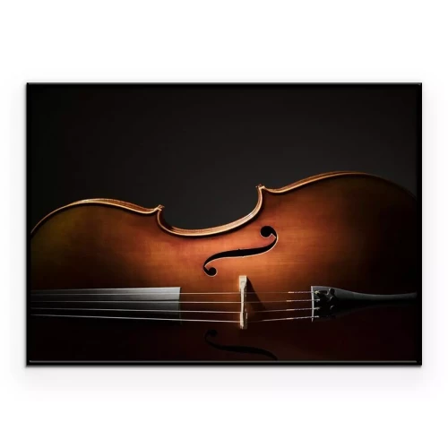 Poster Ein horizontal liegendes Cello auf schwarzem Hintergrund