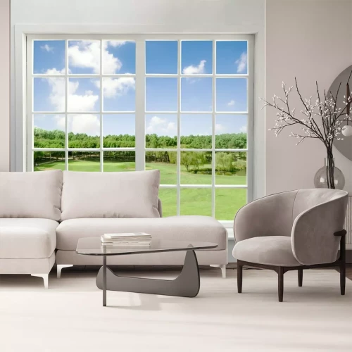 Fototapete Fenster mit Blick auf eine grüne Lichtung einen Teich und Bäume