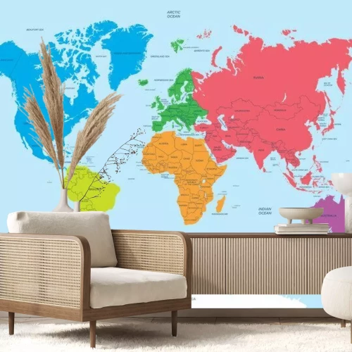 Fototapete Farbenreiche Kontinente auf Weltkarte