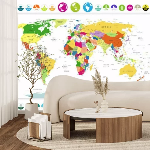 Fototapete Politische Weltkarte mit Flach Symbole und Globen