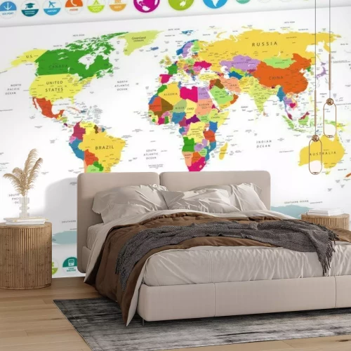 Fototapete Politische Weltkarte mit Flach Symbole und Globen