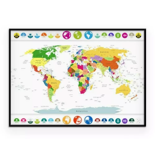 Poster Politische Weltkarte mit Flach Symbole und Globen