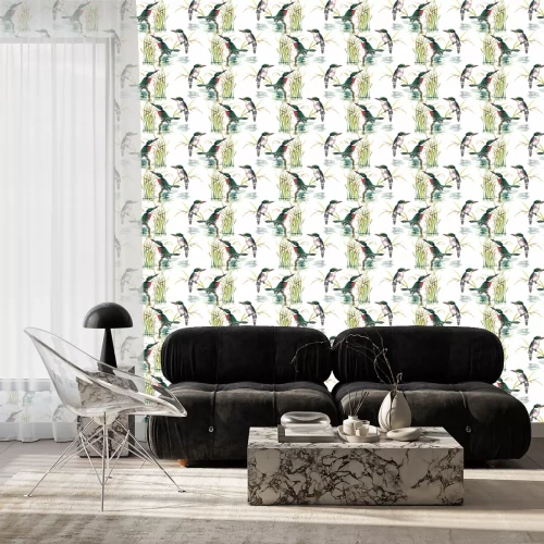 Tapete Aquarell Wilde exotische Vögel auf Blumen nahtlose Muster auf