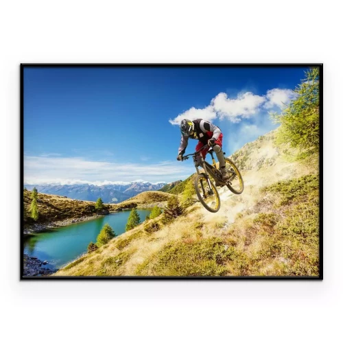 Poster Ein Radfahrer fährt einen Hang hinunter