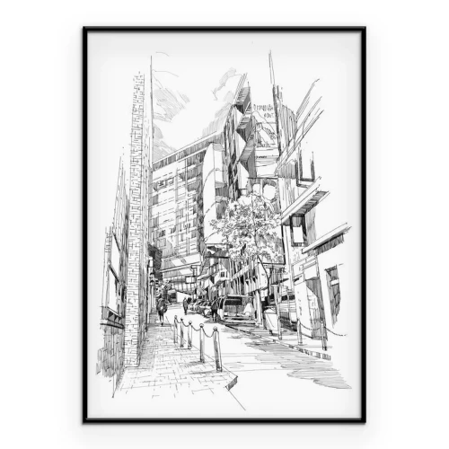 Poster Free hand sketch of the old alley of the city