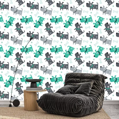 Tapete Hunde und Knochen auf grau-grünem Hintergrund