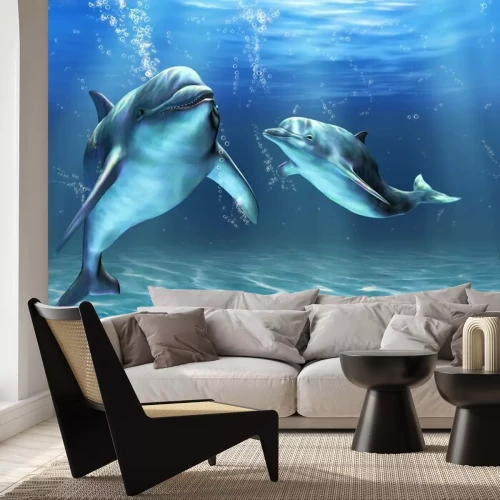 Fototapete Zwei Delfine schwimmen im blauen Wasser
